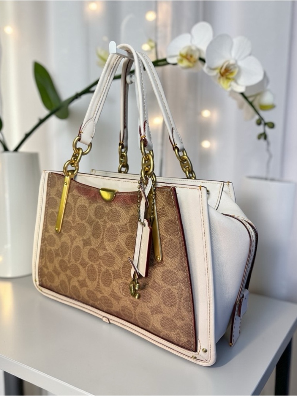 Coach Dreamer 27 Signature Canvas Chalk Leather Satchel Gold Tone w/ Strap - Picture 3 of 11